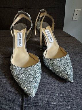 Jimmy Choo Silver Glitter Pointed-Toe Ankle-Strap Heels 39.5